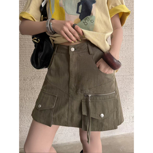 more工装 风多口袋半身短裙女高腰显瘦A字裙设计感小众军绿色
