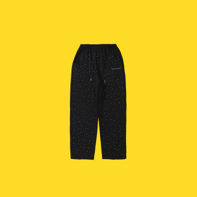 CANDYMADE秋季闪耀系列满天星烫钻丝网印黑色宽松直筒长裤