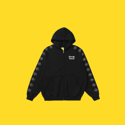 CANDYMADE秋季闪耀系列花形闪耀烫钻黑色宽松连帽外套