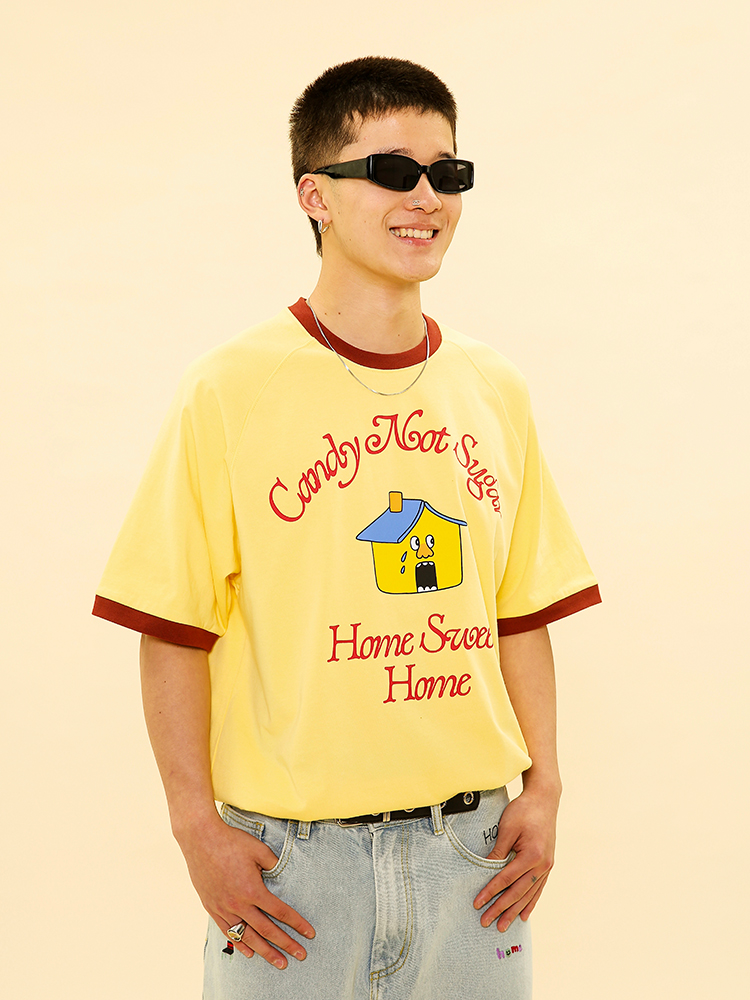 Candymade 21ss Sweet home series thread stitching small house print couple round neck short sleeve T-shirt