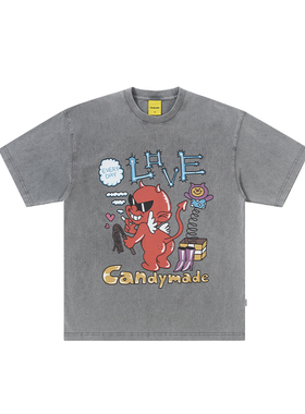 CANDYMADE春夏EL系列恶魔白墨直喷潮流水洗灰宽松圆领短袖
