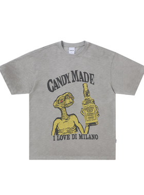 CANDYMADE春夏ET.系列杰克丹尼潮流灰色竹节棉宽松圆领短袖T