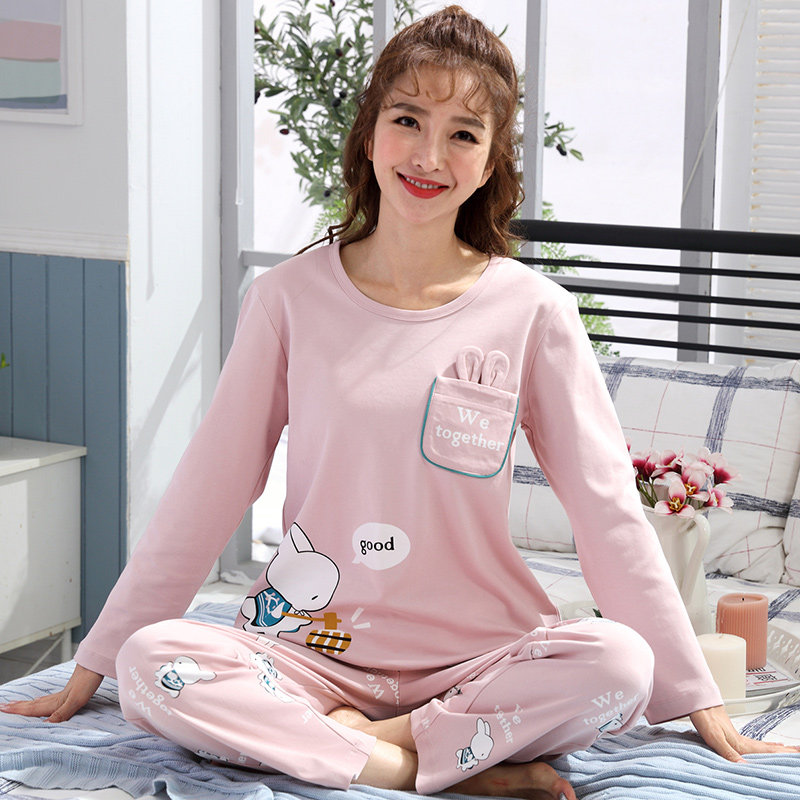 睡衣女春秋长袖纯棉韩版卡通加肥加大码胖mm可爱女士学生家居服冬