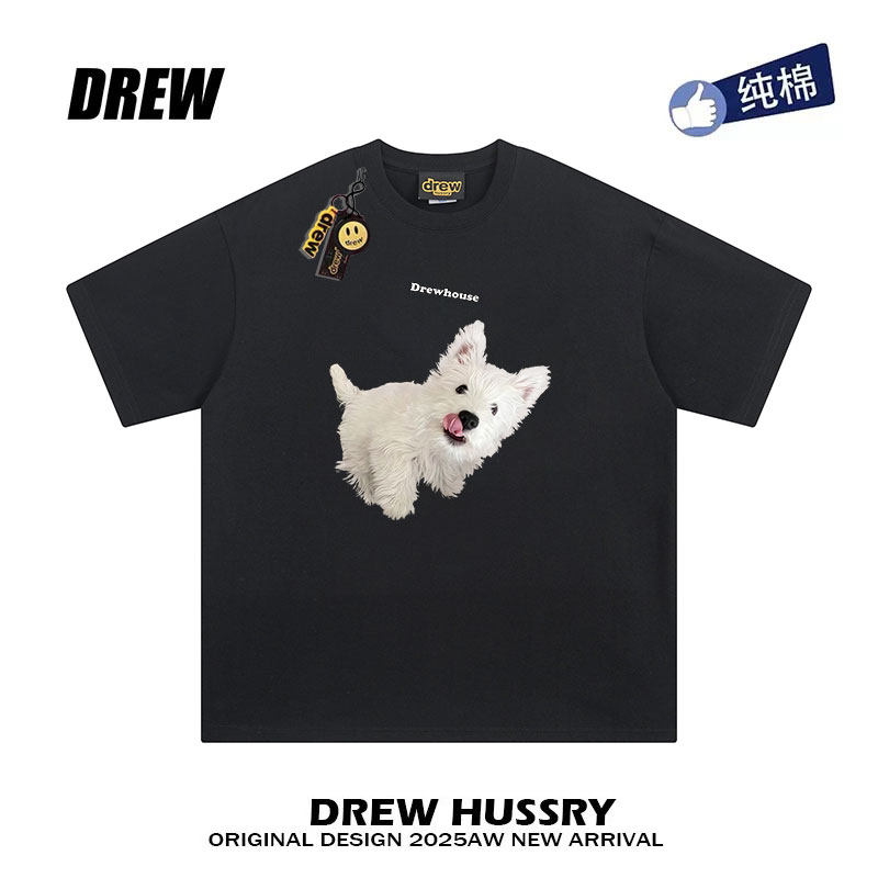 drew美式潮牌西高地狗狗可爱印花短袖t恤男女休闲宽松情侣半袖INS