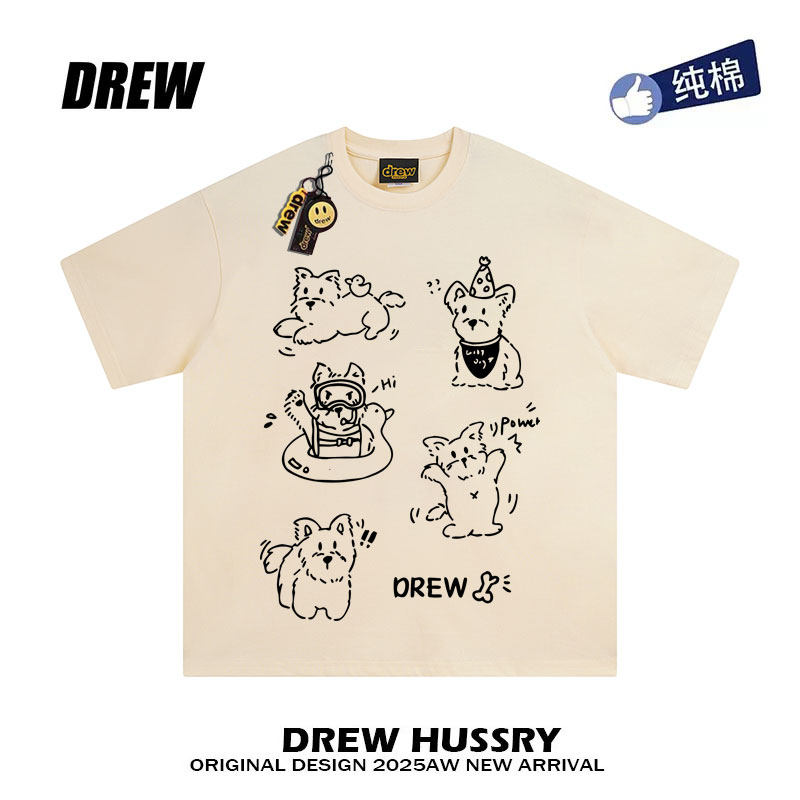 drew美式潮牌约克夏狗狗卡通短袖t恤男女夏季休闲宽松情侣半袖tee