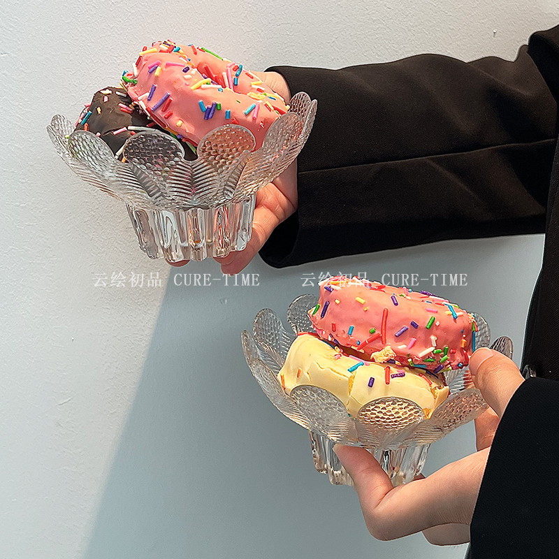 高颜值ins风玻璃碗甜品雪糕碗古风高脚花瓣碗水果沙拉布丁果冻碗