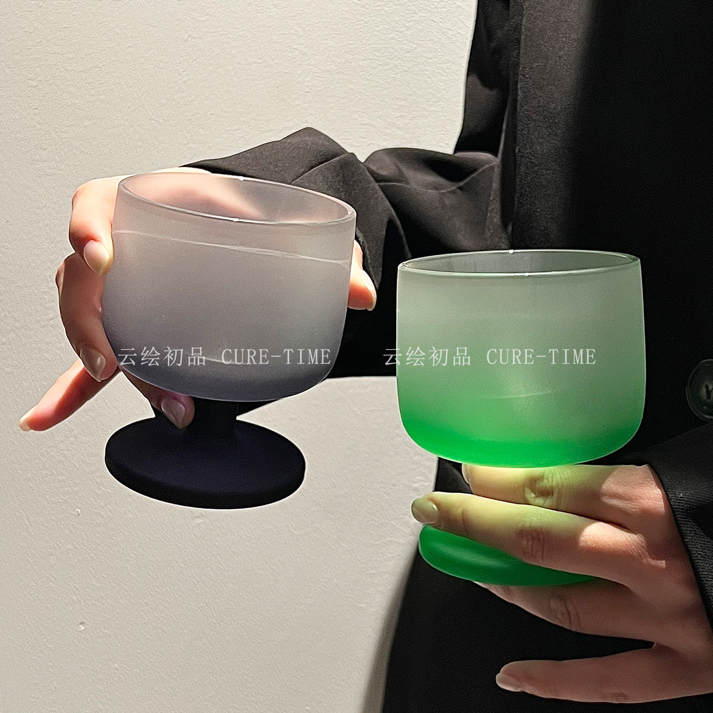 古典中古高脚杯小众ins风磨砂渐变黑复古玻璃杯冰美式咖啡饮料杯