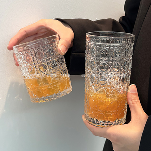 ins北欧风复古浮雕玻璃水杯牛奶果汁奶茶杯啤酒杯子威士忌杯网红