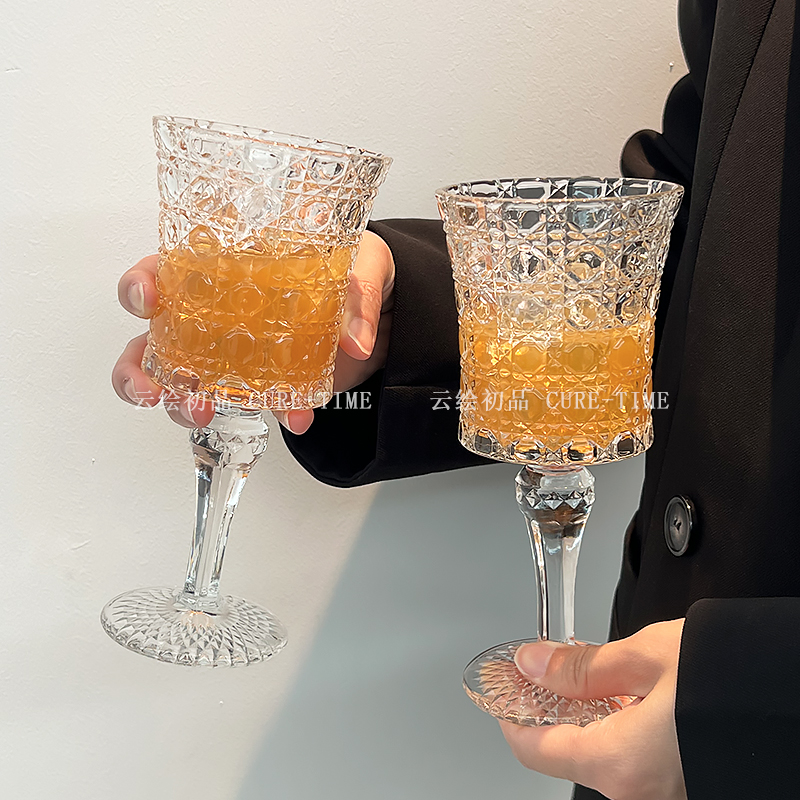 小众复古ins风宝石纹浮雕高脚杯