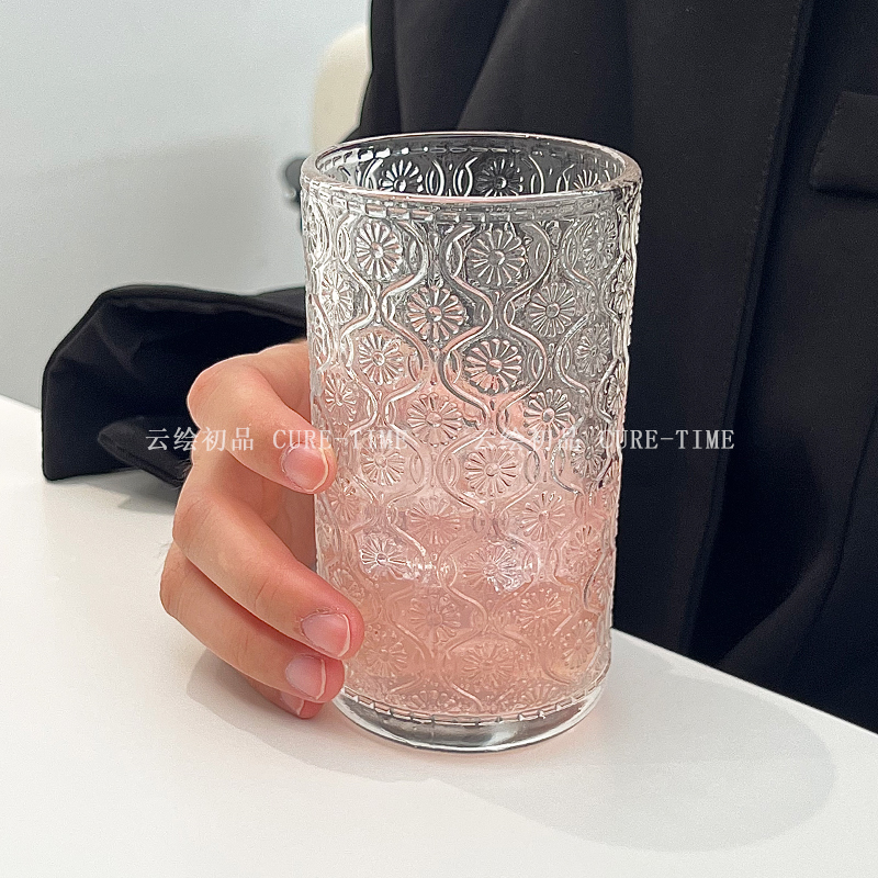 ins海棠花纹玻璃杯小众设计