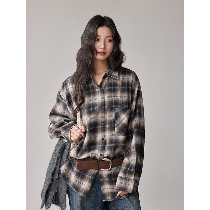 Tania S家秋季新款韩版复古长袖单排扣衬衣长款衬衫百搭宽松上衣