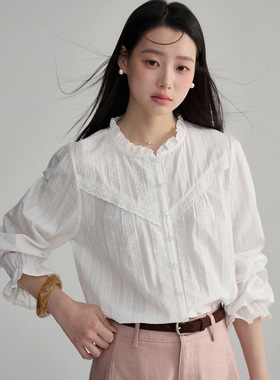 Tania S家法式复古木耳边白衬衫女装春季新款通勤喇叭袖衬衣上衣