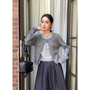 Tania S家秋冬新款韩版淑女羊毛假两件氛围叠穿针织开衫百搭上衣