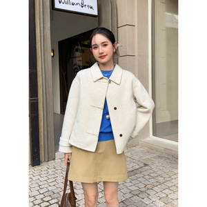 Tania S家秋冬新款韩版新中式盘扣翻领羊毛双面呢外套百搭上衣女