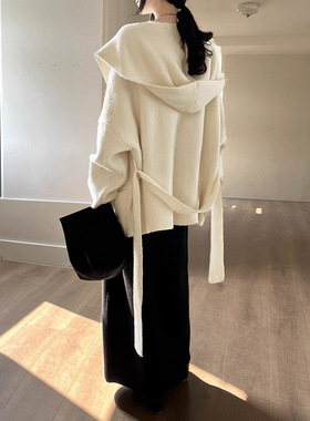 Tania S家25韩系连帽斗篷系带针织慵懒保暖羊毛呢大衣毛呢外套女