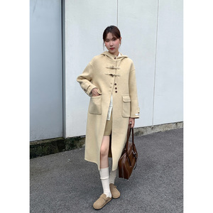 Tania S家秋冬新款韩版连帽羊毛双面呢外套设计感厚实长款大衣女