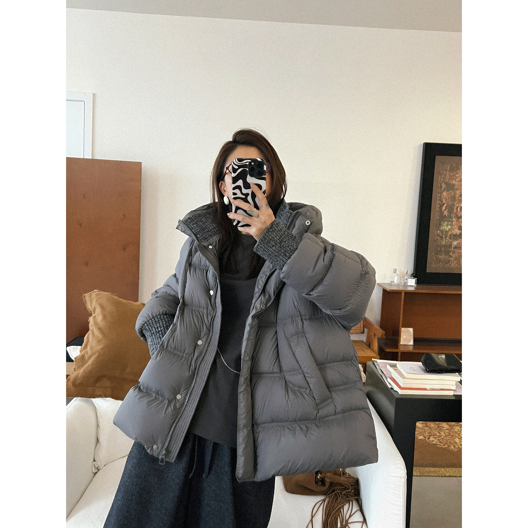 Tania 25冬季新款韩版时尚90白鸭绒针织拼接连帽羽绒服加厚外套女