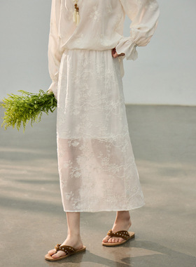 Tania S家复古蕾丝刺绣开衩半身裙25春季新款直筒裙高腰长裙女