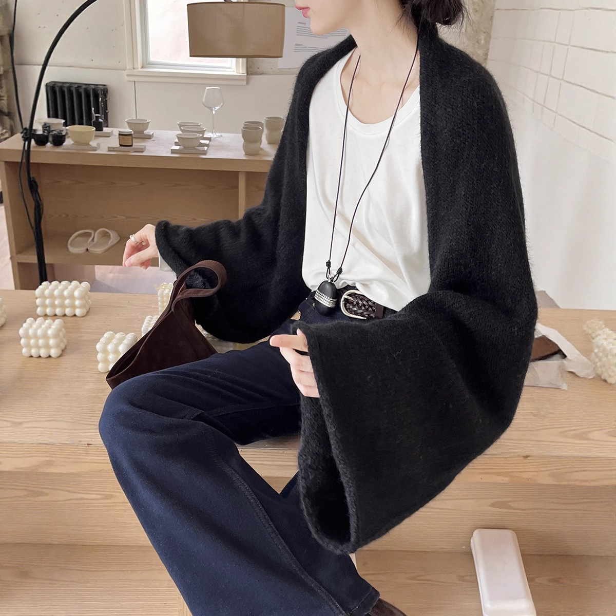 Tania S家秋季新款韩版淑女简约毛衣外搭阔袖宽松显瘦羊毛开衫女