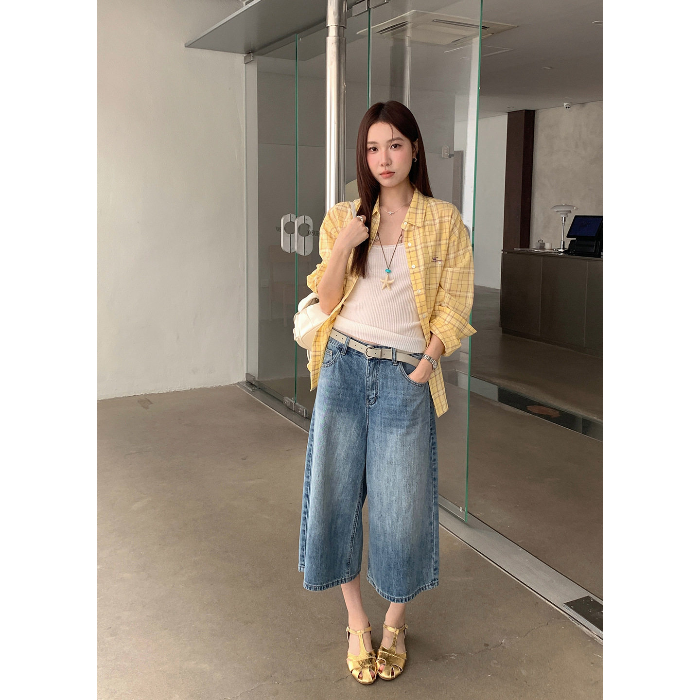 Tania S家26夏季新款韩版做旧复古水洗七分裤百搭高腰阔腿牛仔裤