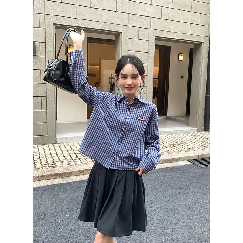 Tania Miu风2.0 韩系格子棉质挺阔衬衫长袖翻领新款百搭衬衣上衣
