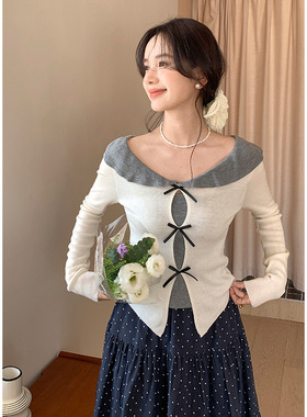 Tania S家羊毛蝴蝶结假两件娃娃领针织衫女26早春打底修身上衣