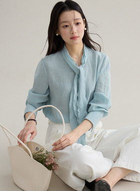 Tania S家复古V领飘带衬衫女2026春季新款通勤长袖衬衣百搭上衣