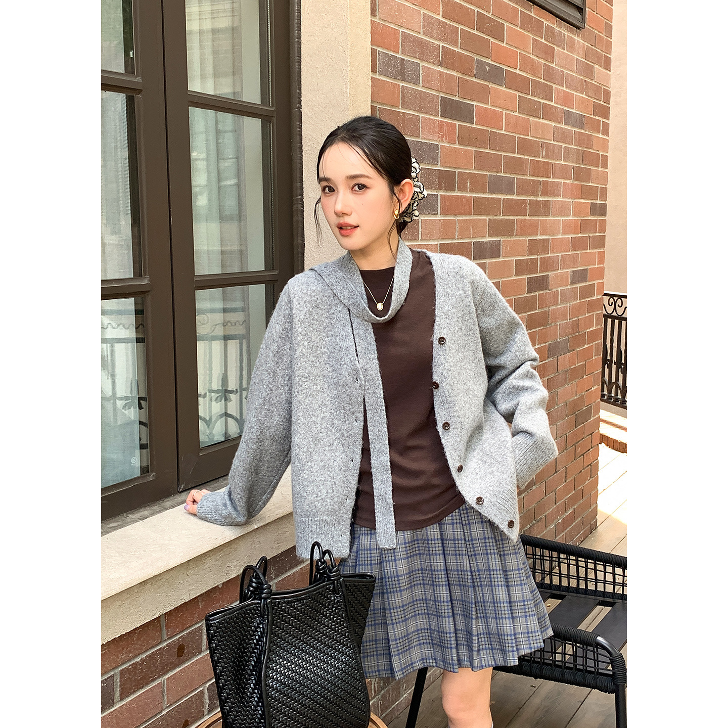 Tania S家秋冬新款韩版淑女飘带氛围感毛茸茸V字领针织开衫外套女