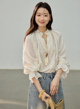Tania S家法式复古绣花系带衬衫女26春季新款喇叭袖衬衣百搭上衣