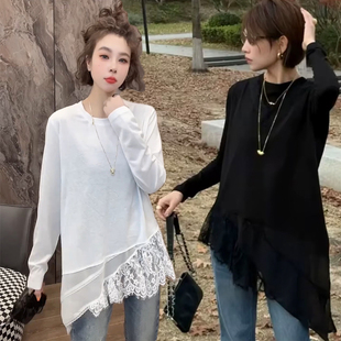 欧货2026春女时尚 T恤上衣打底 设计感气质蕾丝拼接不规则下摆长袖