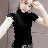 t恤女短袖 女装 宽松胖mm 大码 韩版 高领上衣百搭半袖 胖mm显瘦打底衫