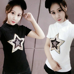 女2020新款 显瘦打底衫 高领短袖 修身 T恤百搭套头上衣韩版 胖mm半袖