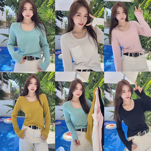 潮 宽松T恤简约打底衫 欧货2026春女时尚 气质百搭贴兜拼接彩色长袖