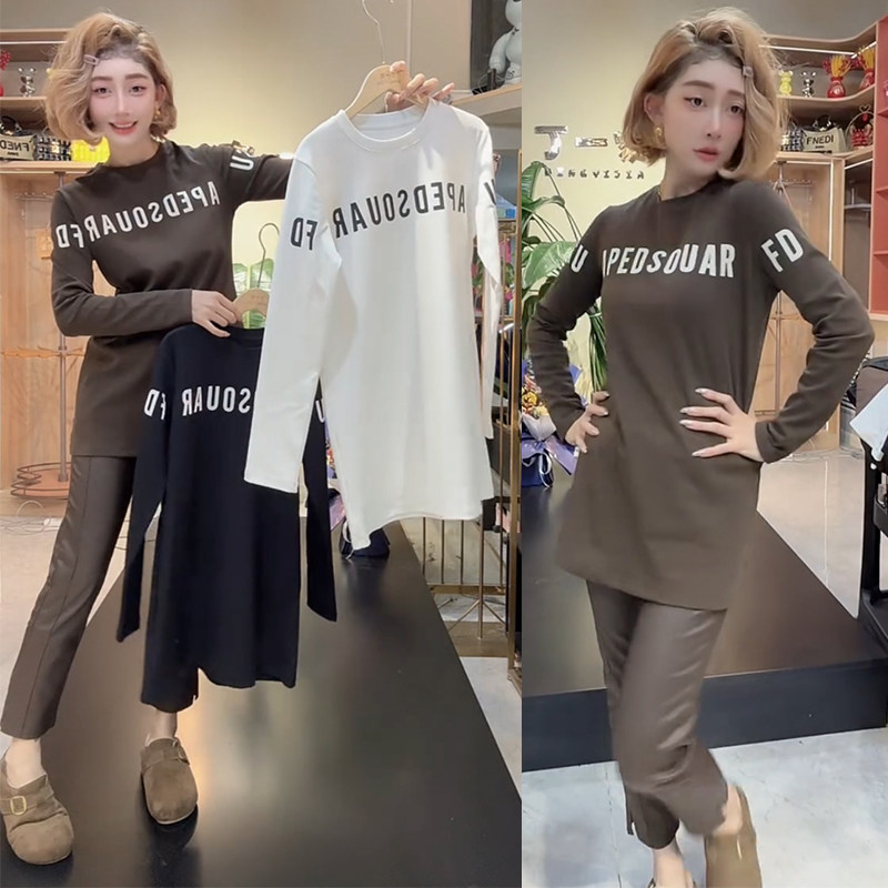 欧货2026秋女时尚设计感气质百搭中长款字母印花上衣T恤打底衫潮