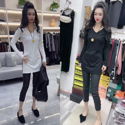 长袖设计感纯色女T恤打底衫