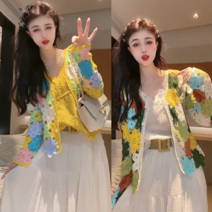 波西米亚外套 针织衫 欧货2026春女时尚 高级感气质V领甜美镂空长袖