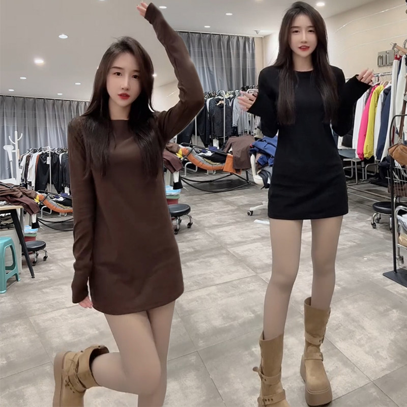 欧货2025秋冬女时尚气质百搭圆领长袖中长款T恤上衣连衣裙打底棉T