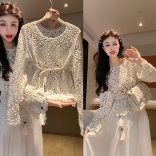 欧货2026春夏女时尚 上衣潮 高级感气质百搭钩花镂空花朵慵懒风长袖