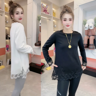 T恤蕾丝边拼接上衣内搭 中长款 欧货2024早秋女时尚 高级感气质长袖