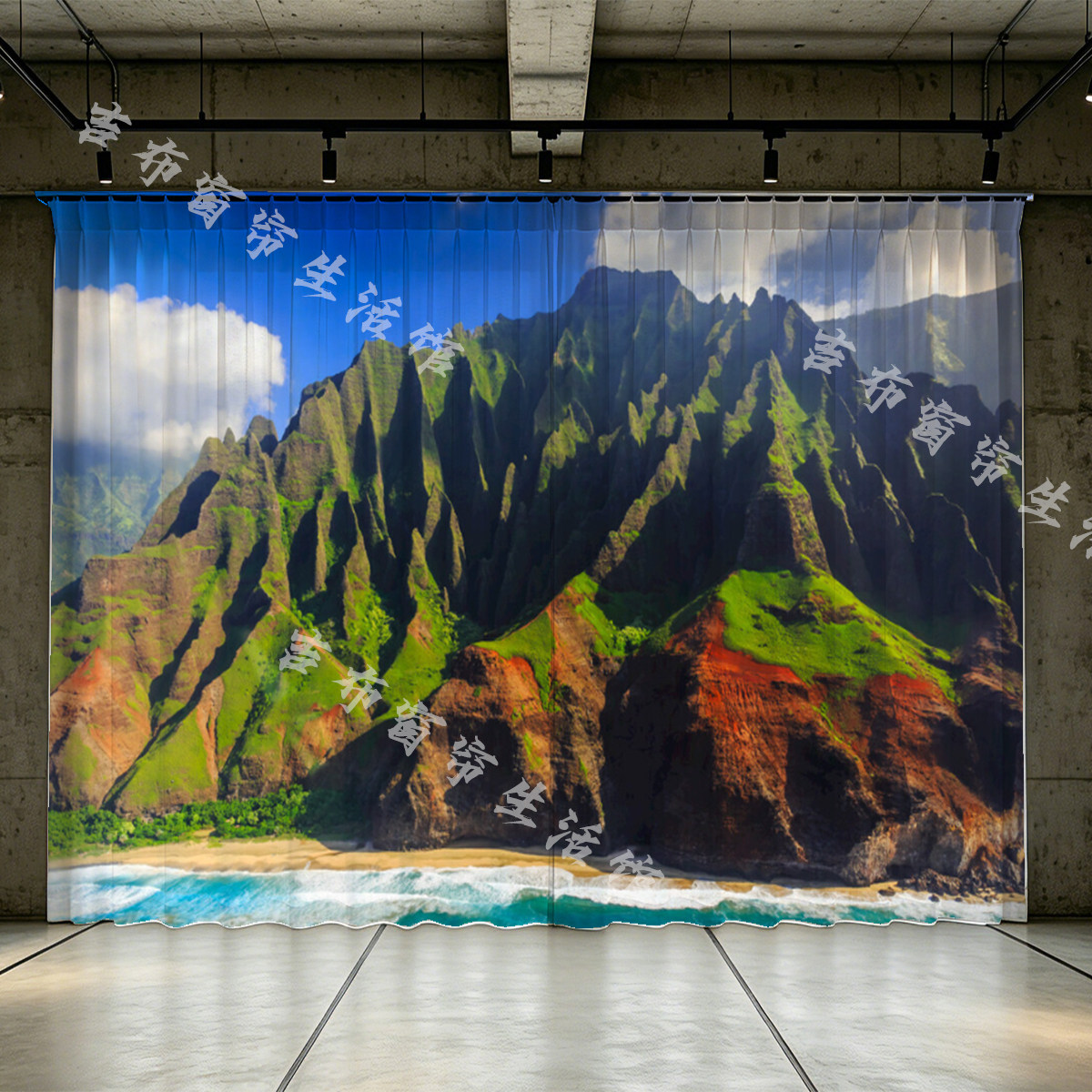 现代地中海山海风景遮光窗帘定制卧室客厅隔断店铺门帘背景免打孔