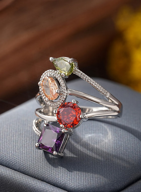 不规则彩色锆石戒指女款欧美时尚轻奢气质简约百搭个性指环饰品
