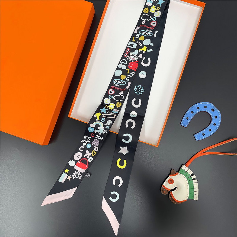 2024小香巴黎山茶花加长绑包手柄丝巾小领巾女束发带头巾飘带围巾