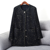 新款 黑色小香风外套秋胖mm设计感圆领上衣200斤潮 中长款 大码 女装