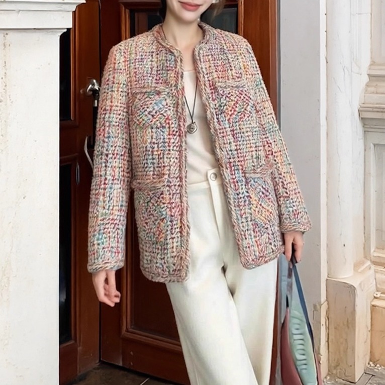 大码小香风外套中长款粗花呢大衣