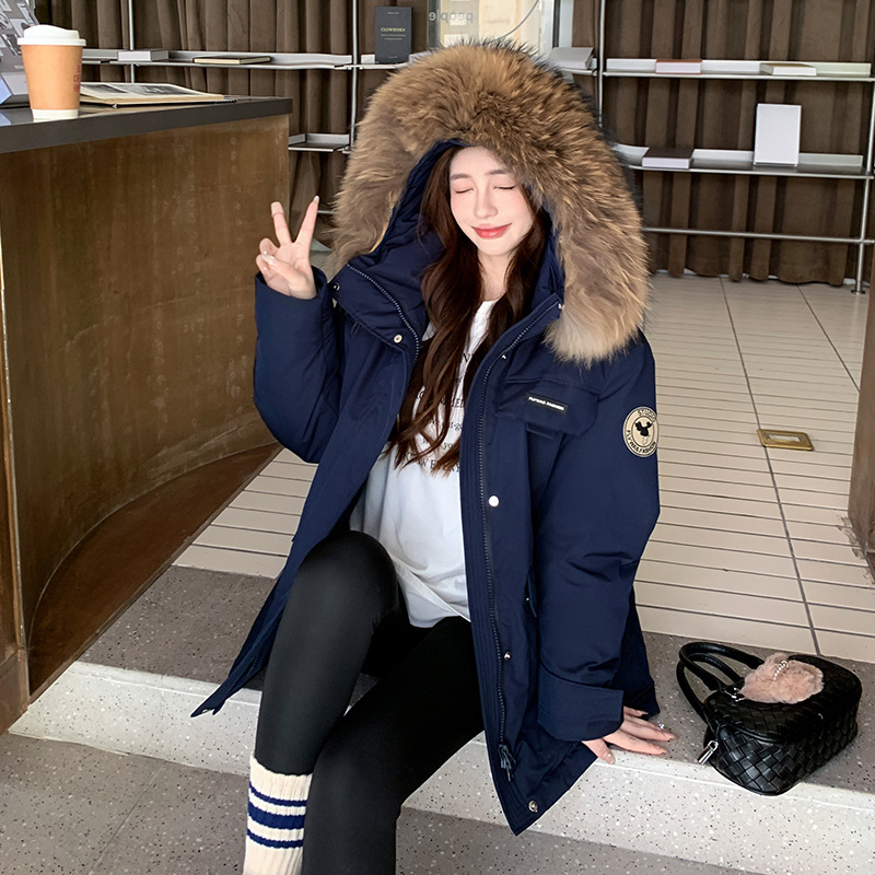 大码羽绒服连帽毛领中长款外套