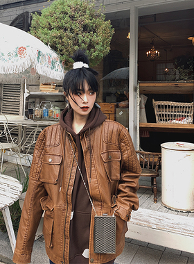 ZOOBI 棕色立领工装大口袋男友风加绒机车皮衣外套