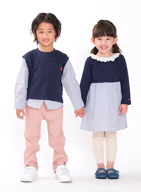 90-130 日单 mjj 丸高男童女童拼接衬衫长袖T恤连衣裙原单