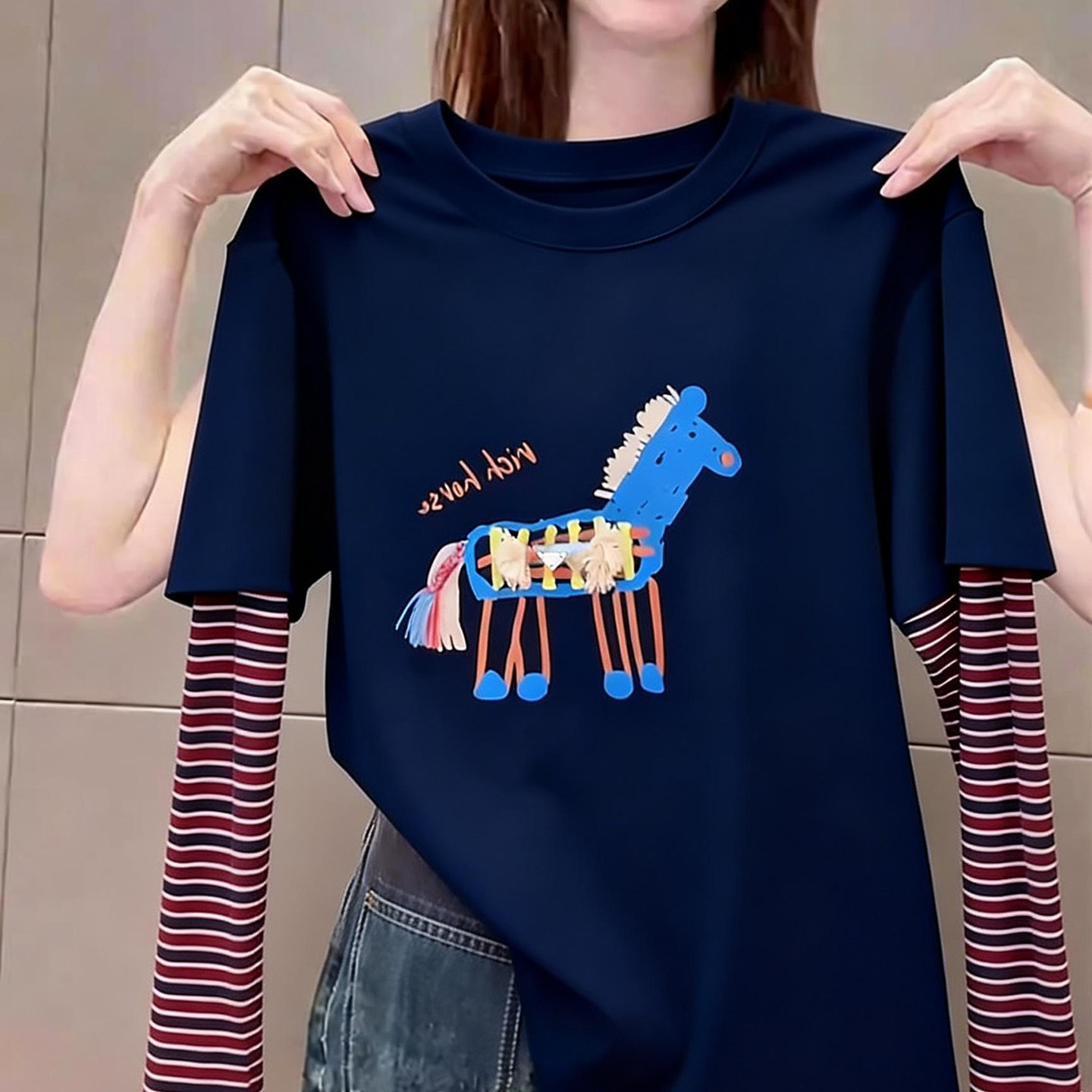 复古条纹拼接假两件圆领长袖t恤女春季爆款时尚小马印花内搭上衣,女装/女士精品,大码内搭,淘宝优惠券,粉丝福利购,淘宝优惠卷