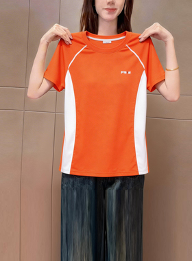 时髦橙色运动风圆领短袖t恤女2026夏季新品透气显瘦休闲百搭上衣
