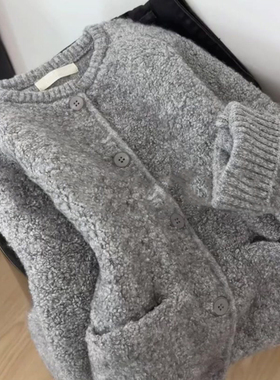 韩系灰色加绒加厚羊羔毛圆领外套上衣女秋冬季新品休闲慵懒风上衣